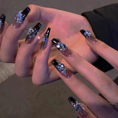 YICKYUE  -  24pcs Long Ballet Coffin Wearable Dark Black Star French False Nails Full Cover Rhinestones Fake Nails Set Press On Nail Tips