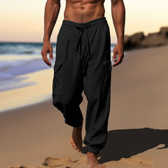Hearujoy Multi Pocket Cotton Linen Pants For Men Lace-up Drawstring Foot Binding Long Trousers Spring Summer Sport Casual Cargo Pant