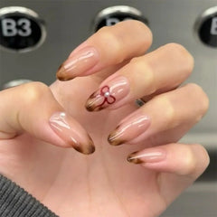 Yickyue  Brown Leopard Gradient French Nail Art Red Bowknot Pearl Fake Nails Detachable Finished False Nails Press on Nails with Glue