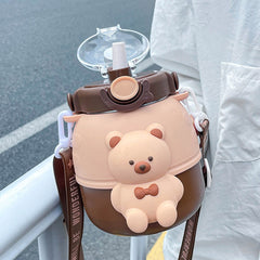 Yickyue Cute Bear Stainless Steel Thermos Water Bottle With Straw For Kids School Vacuum Thermal Insulation Cup Large Capacity Kettle