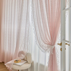 YICKYUE  -  [Pink Lace Romantic Curtains] 2pcs Pink Lace Romantic Aifish Curtains - Double Layer Beaded Voile Sheer with Rod Pocket, Polyester Fabric for Bedroom & Living Room