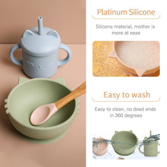 Food Grade Baby Feeding Bowl Sippy Cup Set Non-slip Children's Suction Bowl Wooden Handle Silicone Spoon Kids Training Tableware