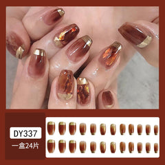 Yickyue 24pcs/Box New False Nails Amber Gold Foil Coffee Short Simple Fake Nails Set Press On Acrylic Nails With Press Glue Detachab