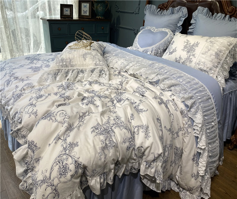 French Vintage Rural Floral Princess Bed Skirt Bedding Set Romantic White Lace Edge 400TC Cotton Quilt/Duvet Cover Set Pillowcas