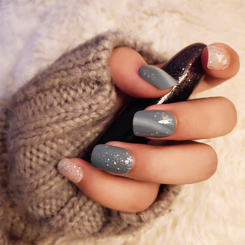 24pcs Gray blue marble pattern short size false nails with glue round head press on nails with designs cute false nails
