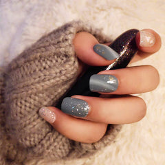 24pcs Gray blue marble pattern short size false nails with glue round head press on nails with designs cute false nails