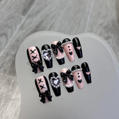 YICKYUE  -  10pcs Handmade Y2k black Press On Nails Pink Heart Design Reusable Fake Nails Artificial Manicure Wearable False Nails For Girls