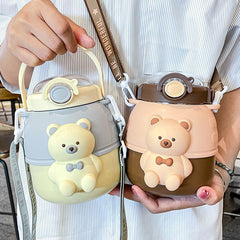 Yickyue Cute Bear Stainless Steel Thermos Water Bottle With Straw For Kids School Vacuum Thermal Insulation Cup Large Capacity Kettle
