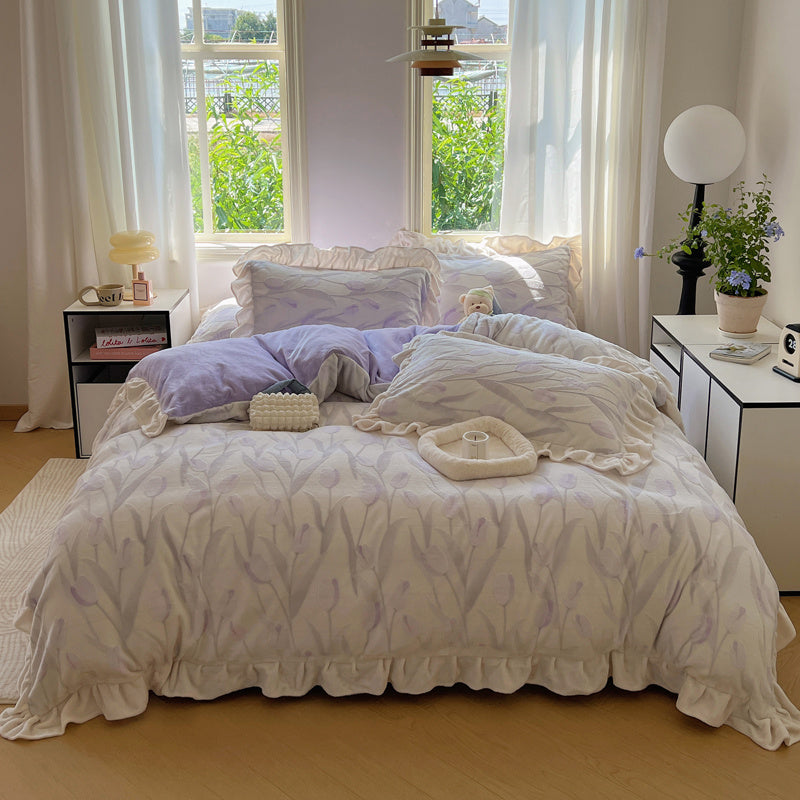 YICKYUE  -  Autmn Winter Duvet Cover Set  A-Class High Weight Milk Velvet  Flower Jacquard Colored Tulip Girl Lace Simple Bedding Set Warm