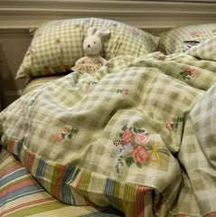 YICKYUE  -  Vintage stripes plaid flower bedding set teen,twin full queen king retro cotton home textile bed sheet pillow case quilt cover