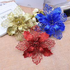 5Pcs 16cm Big Flower Head Artificial Glitter Flower For Christmas Tree Ornament Fake Christmas Flower New Year Home Decoration
