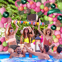 YICKYUE  -  158pcs Tropical Luau Balloon Arch Garland Kit Hot Pink Green Gold with Palm Leave Balloon Hawaii Aloha Flamingo Party Decoration