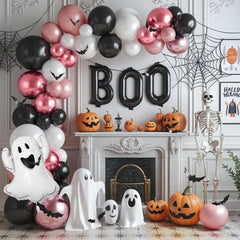 YICKYUE  -  Pink Halloween Balloon Arch Kit Black White Red Ghost Boo Foil Balloons 3D Bat Sticker for Halloween Theme Party Decoration