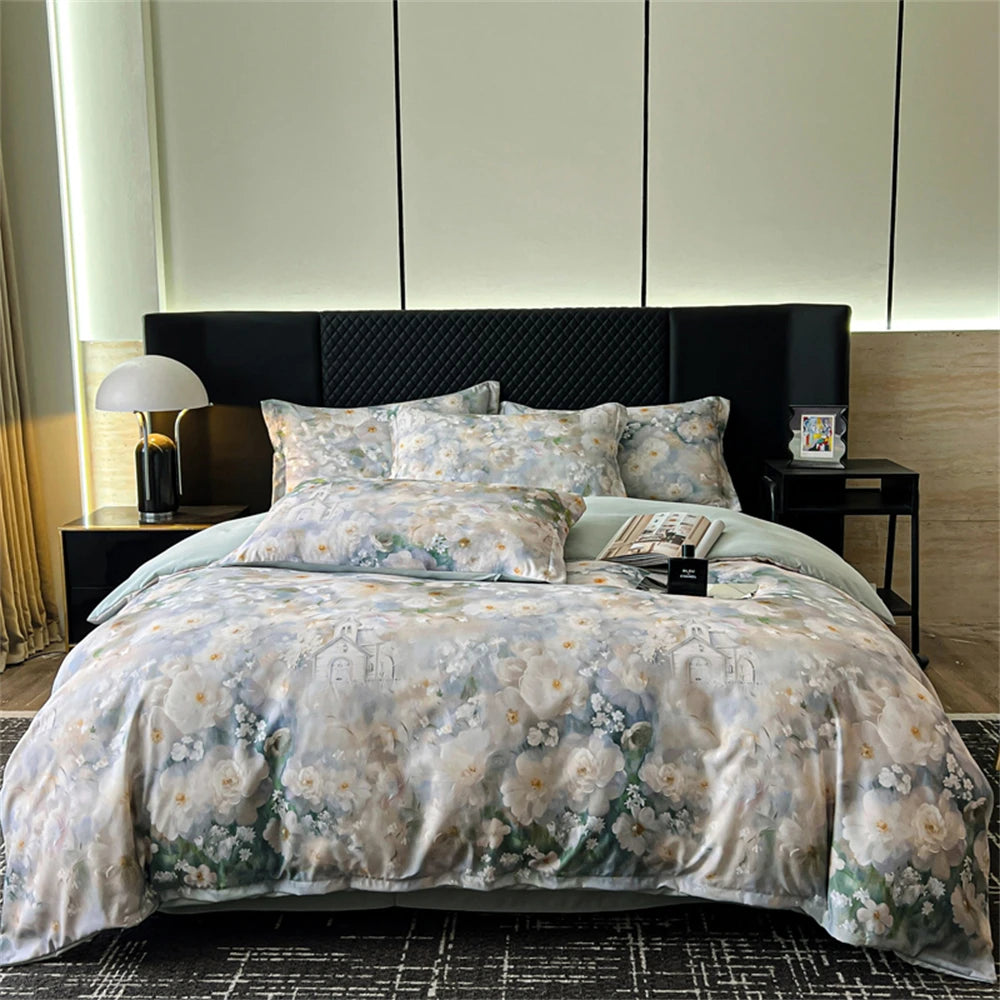 Yickyue  Flower Printed Bedding Set Soft Bedroom Decor Comforter Luxury Duvet Cover Set Pillowcase Bed Sheet Washed Cotton Four Piece Set