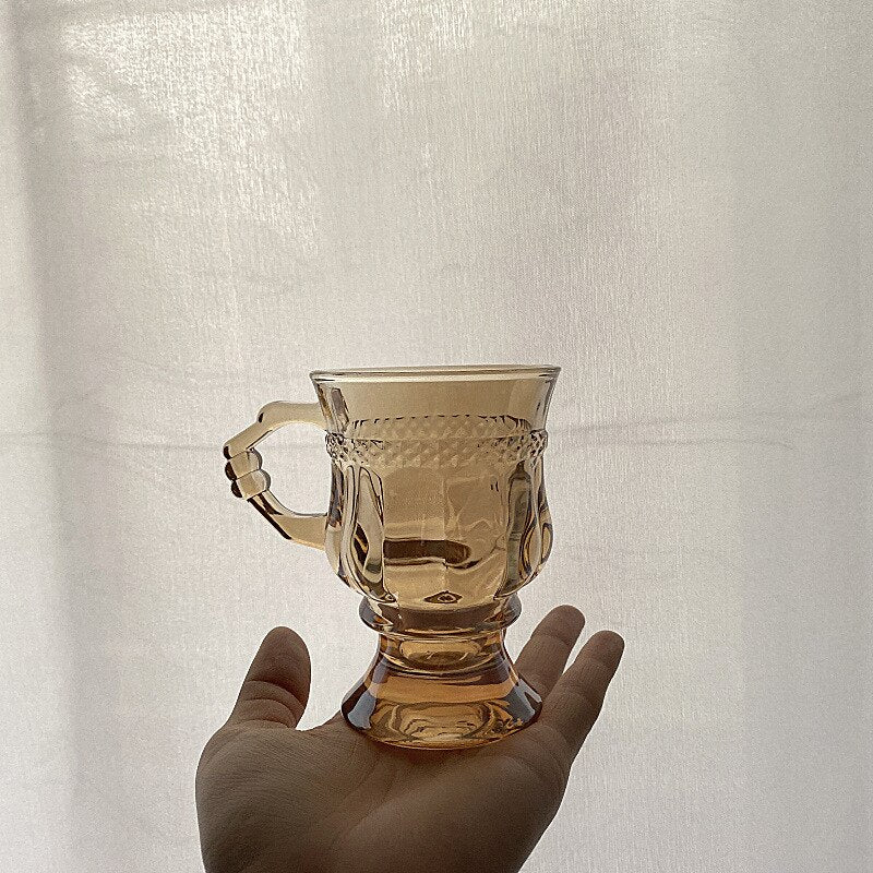 Amber Glass retro water cup embossed romantic girl heart glass milk tea cup juice cup wholesale