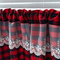 Yaapeet Lace Buffalo Check Plaid Curtain Farmhouse Window Valance for Living Bedroom Kitchen Rod Pocket Christmas Decoration