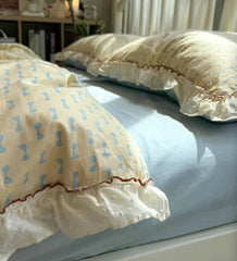 YICKYUE   -  Fashion kawaii bow yellow blue bedding set,twin full queen fairyfair cute cotton home textile bed sheet pillow case quilt cover