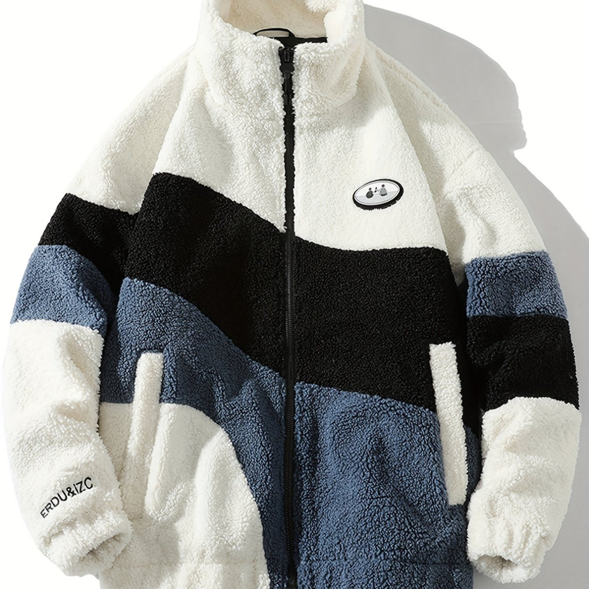 Hearujoy Warm Color Block Fleece Jacket - Men's Casual Stand Collar Zip Up Long Sleeve Outwear With Pockets For Outdoor