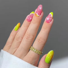 YICKYUE  -  24pcs 3D Red Grapefruit False Nails Long Almond Press On Acyrlic Nails French Tip Fruit Y2k Yellow Gradient Fake Nails Wearable