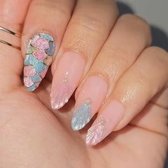 YICKYUE  -  24Pcs 3D Almond Fake Nail with Glue Long Stiletto False Nails Shell Diamond Design Press on Nails Wearable French Nail Art Tips