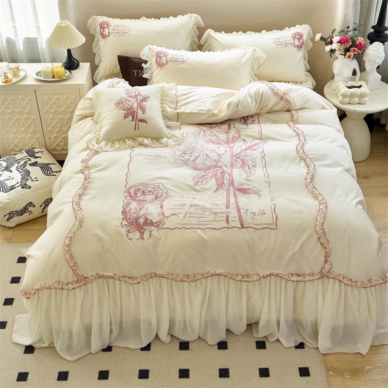 YICKYUE  -  Vintage Rose Flower Butterfly Lace Ruffles Princess Bedding Set 100S Egyptian Cotton Quilt/Duvet Cover Set Bed Sheet Pillowcases