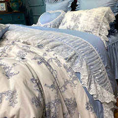Yickyue Chic Blue White Romantic Shabby Ruffle Lace Duvet cover set 4/7pcs 100%cotton Bedding Set match Ultra Soft Bedskirt Pillowcases