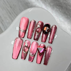 YICKYUE  -  10pcs High Quality Handmade Long coffin Press On Nail version 3D Cat eye manicure red luxury press on nails Artificial Nails