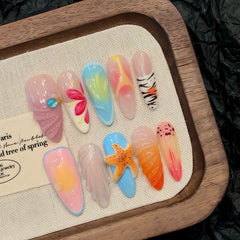 YICKYUE  -  Handmade Summer Island style Press on Nails 3D Starfish Seashells Carved Flower Design Fake Nails Ins French False Nail Tips