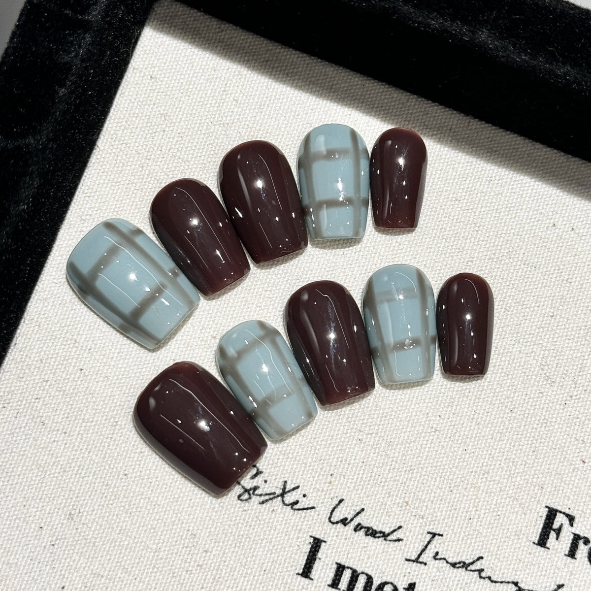 YICKYUE  -  Handmade Press On Nails Autumn Dark Brown Fake Nails Short Coffin Haze Blue False Nails Contrast Color Check Pattern Finished