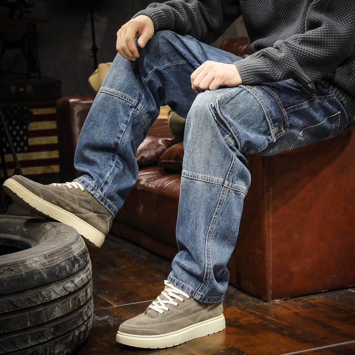 Hearujoy American Style Multi Pocket Denim Pants Men Spring Autumn Loose Straight Trouser Trendy Vintage Cargo Jeans Fashion Streetwear