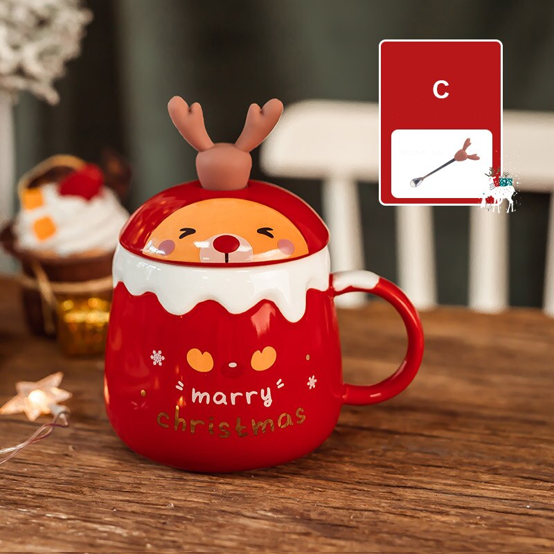 New Year Cute Christmas Ceramic Mug Tea Coffee Cup With Lid Spoon Drinkware Christmas Decoration Gifts Water Milk Breakfast Cups