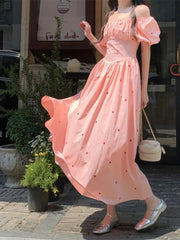 YICKYUE  -  French Gentle Square Collar Bubble Sleeve Vestidos Temperament Dress Female Robe Summer New Waist A-wave Long Dresses