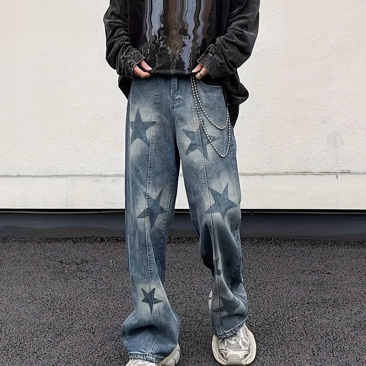 Hearujoy 1pc Men'S Street Style Star-Patterned Ripped Jeans, Cotton Knit Fabric, Medium Stretch, Regular Fit, Casual Straight-Leg Pants, Solid Color, Fall/Winter Collection