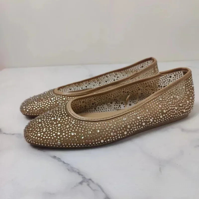 YICKYUE  -  Women's Flats Spring Casual Shoes New Shallow Round Toe Luxury Shiny Diamond Mesh Fabric Comfort Walking Ballet Flat Female