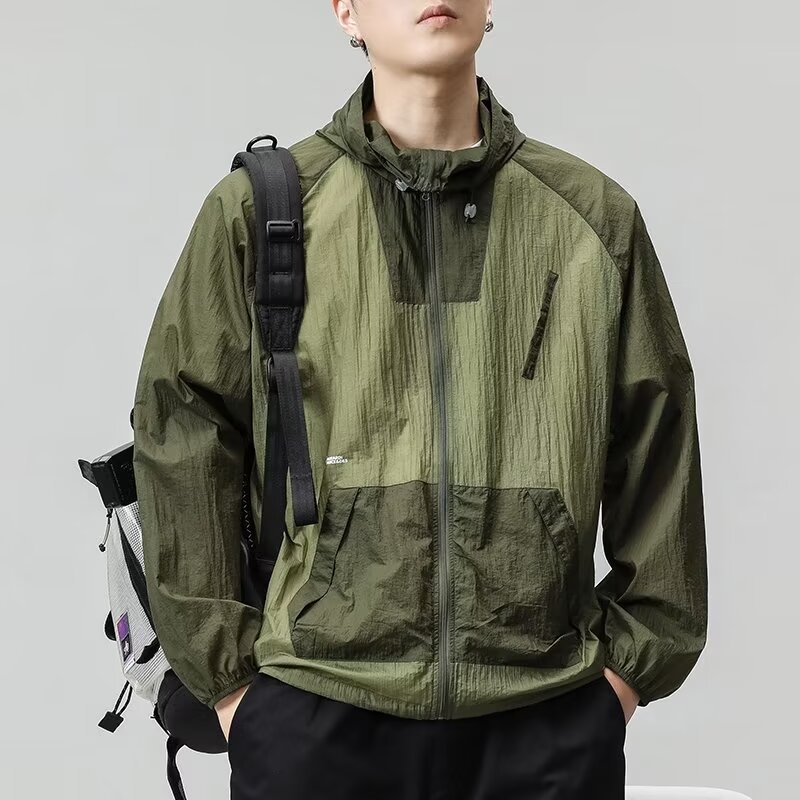 Hearujoy Spring Summer Sunscreen Clothing Thin And Light Hooded Jacket Men Patchwork Ice Silk Coat Outdoor Fishing Mountain Travel Top