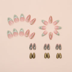 YICKYUE  -  24pcs Green French Fake Nail Patches Ins Crocodile Pattern Press on Nail Full Cover Wearable Sweet Simple Almond False Nail Tips
