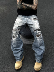 Hearujoy Men's Fashion Distressed Print Jeans - Loose Fit, Mid Waist, Polyester Non-Stretch Fabric, with Pockets, Zipper Fly, for Daily Casual Wear