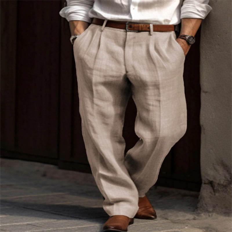 Hearujoy Mens Linen Pleated Pants Front Pockets Straight Cotton Blend Long Trousers Spring Summer Holiday Fashion Loose Pant Oversized