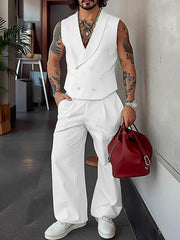 HEARUJOY  -  Men Casual Solid Color Shawl Collar Double Breasted Vest with Buttoned Waist Front Zipper Straight Leg Pants Baggy Thin Formal Work Pants Blazer Suit - Polyester, Non-Stretch, Summer, Regular Fit, Woven, 130g/m²