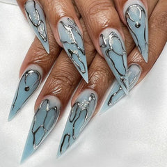 YICKYUE  -  24pcs Ins Punk Style Fake Nails Wearable 3D Silver Stripes Long Almond y2k Nails Press On Nails French False Nails Full Cover