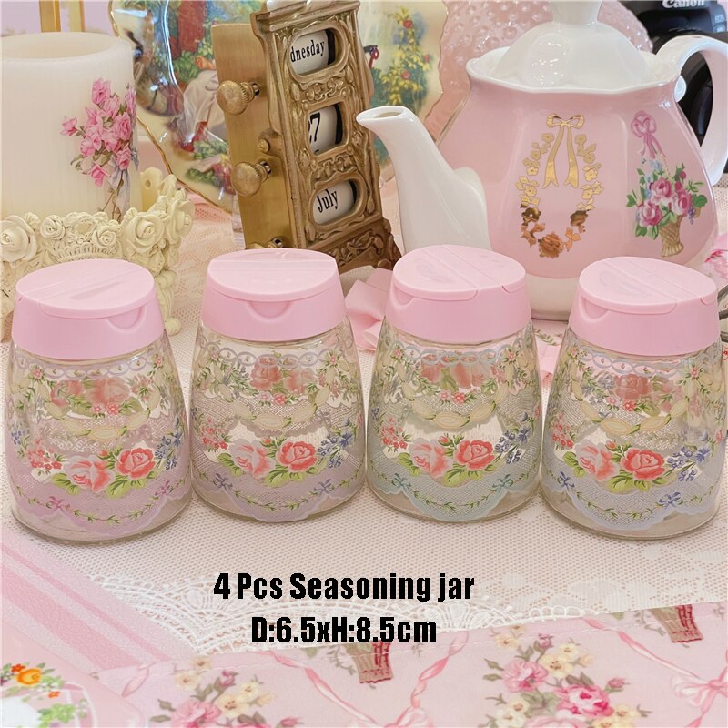 Yickyue Pink Retro Seasoning Bottle Bow Lace Glass Home Kitchen Storage Organization Spice Pepper Salt Bottle Table Decor Pepper Jars