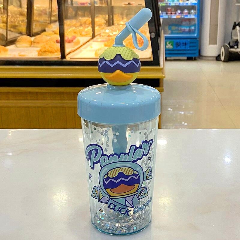 Yickyue Double Layer Plastic Straw Water Bottle Cute Cartoons Shake Cup Drinking Mug Portable Large Capacity For Adult Kids Mixing Cups