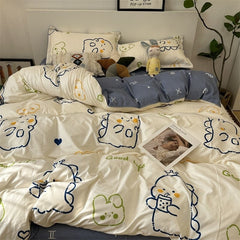 Yickyue Boys Girls Home Textile Bedding Set With Flat Sheet Rabbit Duvet Cover And Pillowcases In Single Double Queen Size Cute Soft