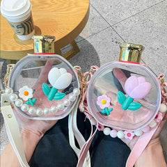 Yickyue 600 ML Cute Flat Plastic Water Bottles For Girls Portable Large Capacity Sport Kettle Direct Drinking Milk Juice Cup BPA Free
