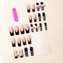 YICKYUE  -  24pcs Long Water Pipe Fake Nails y2k Press On Nails Tips Wearable Black French False Nails Cross Bow Pearl Decoration Full Cover