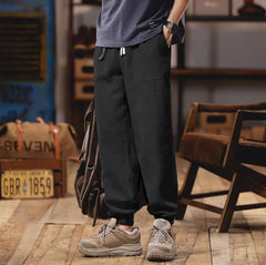 Hearujoy Spring Summer Mens Linen Casual Pants Elastic Waist  Loose Pencil Pants Fashion Sports Ankle-Length Cargo Trousers Flax