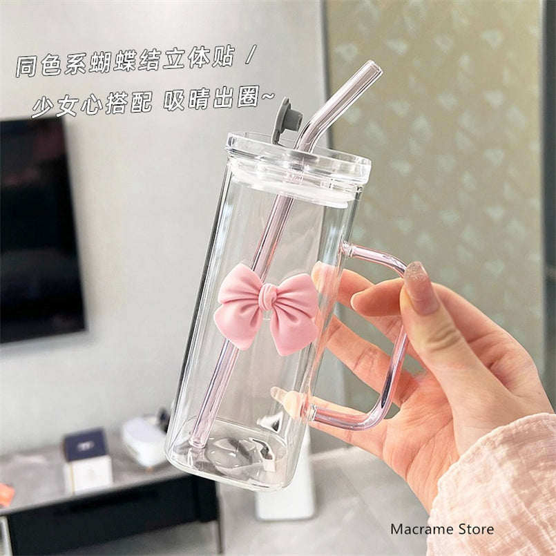 YICKYUE  -  Transparent Simple Square Water Cup with Lid Girl's Ins Wind Glass Straw Cup High Temperature Resistant Coffee Milk Cup Handle