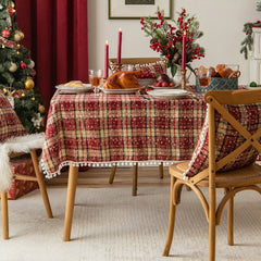 Snowflake Christmas Tablecloth with Furry Ball Red White Plaid Dinning Table Decoration Tasseled Christmas Coffee Table Cloth
