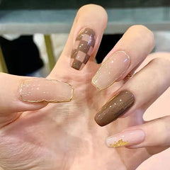 24Pcs Coffee Color Grids Rhombus Designs False Nail Full Cover Short Coffin Fake Nails with Glue Detachable Wearable Manicure