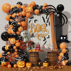 128Pcs DIY Orange Black Halloween Balloon Garland Arch Black Cat Bat Pumpkin Mummy Foil Balloons Halloween Boo Party Decorations
